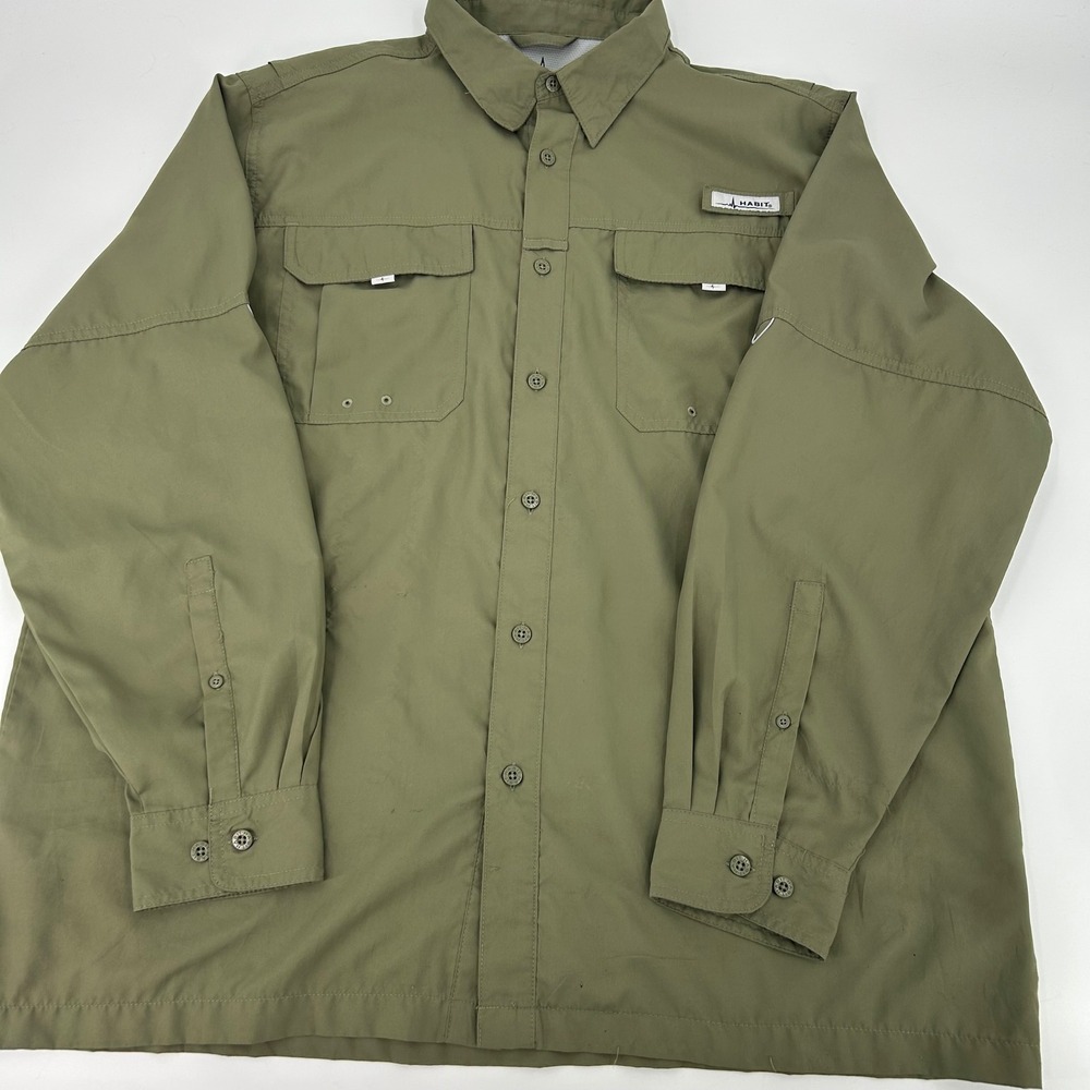 Habit Mens XL Fishing Shirt Long Sleeve Olive Green UPF 40+ Ventilated Pockets